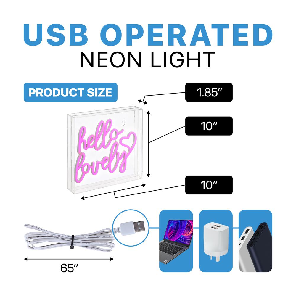 Hello Lovely Square Contemporary Glam Acrylic Box USB Operated LED Neon Light. Picture 3