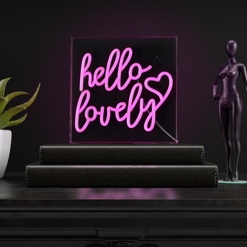 Hello Lovely Square Contemporary Glam Acrylic Box USB Operated LED Neon Light. Picture 6
