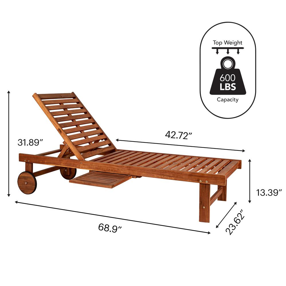 Outdoor Acacia Wood Lounger with Cushion Position Back Slide Table Wheels. Picture 14