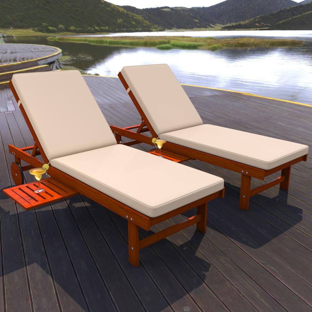 Outdoor Acacia Wood Lounger with Cushion Position Back Slide Table Wheels. Picture 11