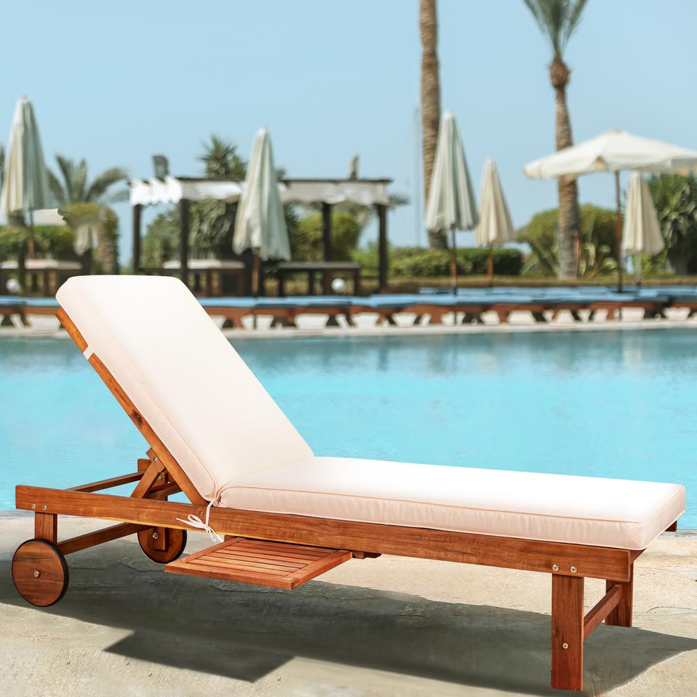 Outdoor Acacia Wood Lounger with Cushion Position Back Slide Table Wheels. Picture 12