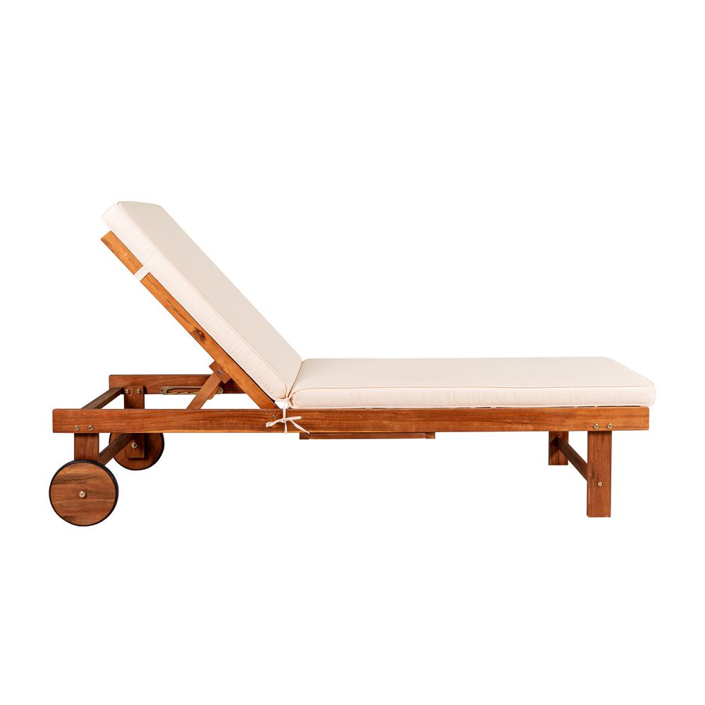 Outdoor Acacia Wood Lounger with Cushion Position Back Slide Table Wheels. Picture 3