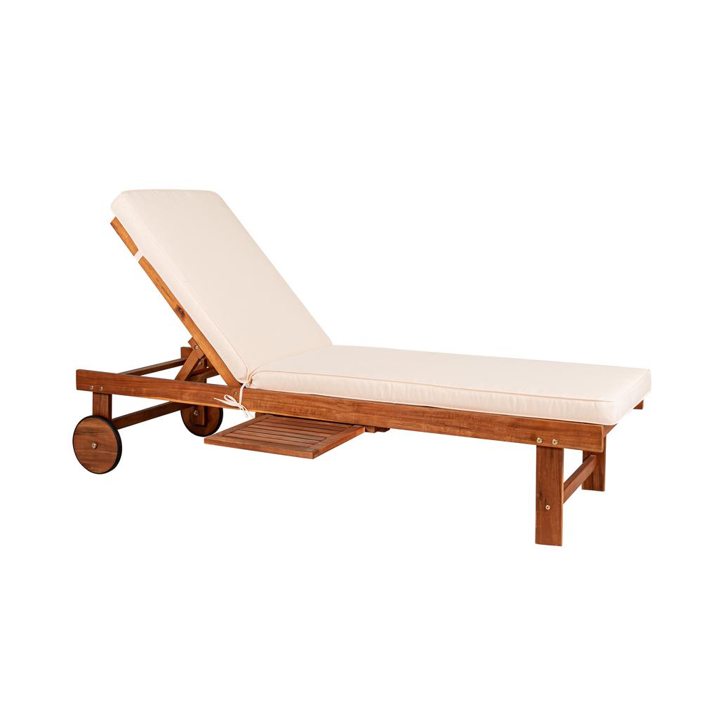 Outdoor Acacia Wood Lounger with Cushion Position Back Slide Table Wheels. Picture 1