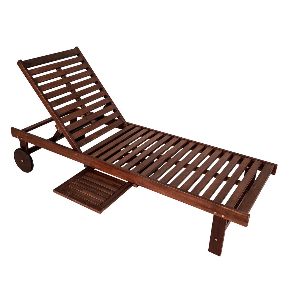 Outdoor Acacia Wood Lounger with Cushion Position Back Slide Table Wheels. Picture 6