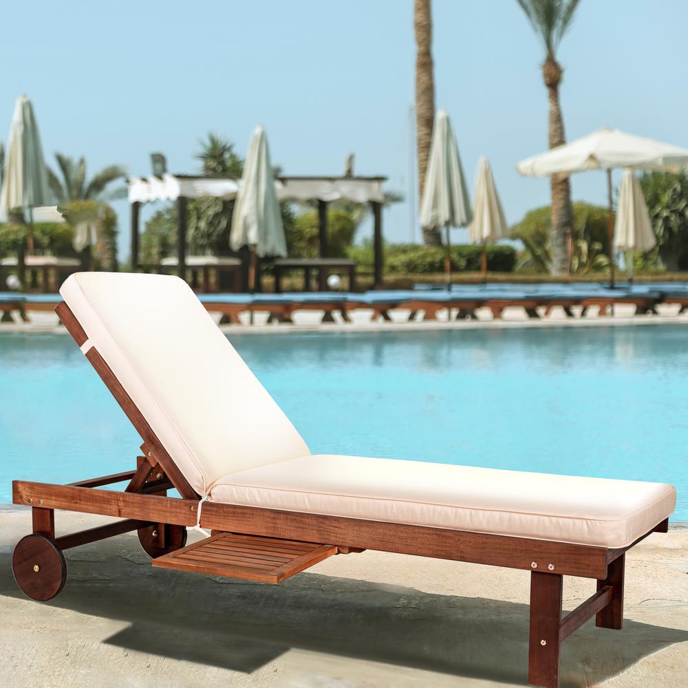 Outdoor Acacia Wood Lounger with Cushion Position Back Slide Table Wheels. Picture 12