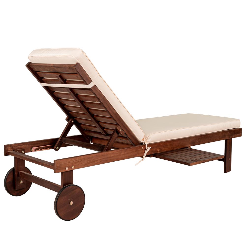 Outdoor Acacia Wood Lounger with Cushion Position Back Slide Table Wheels. Picture 4