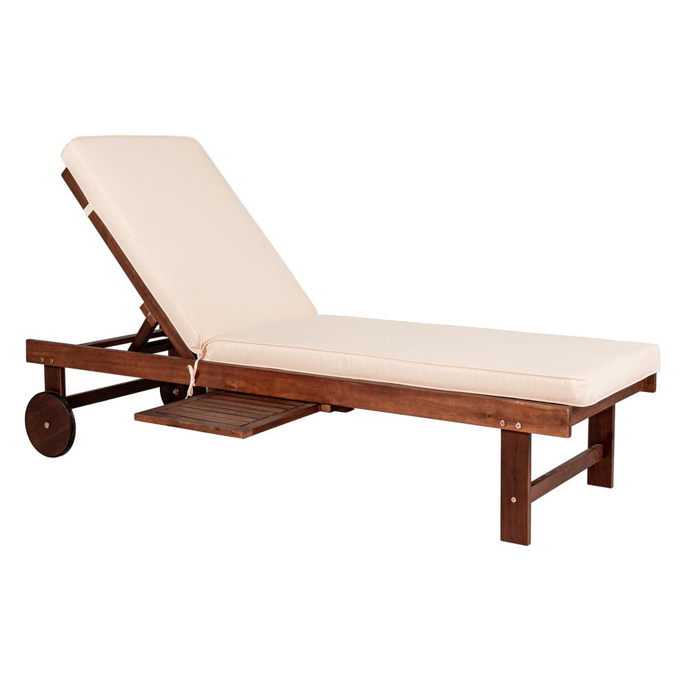 Outdoor Acacia Wood Lounger with Cushion Position Back Slide Table Wheels. Picture 1