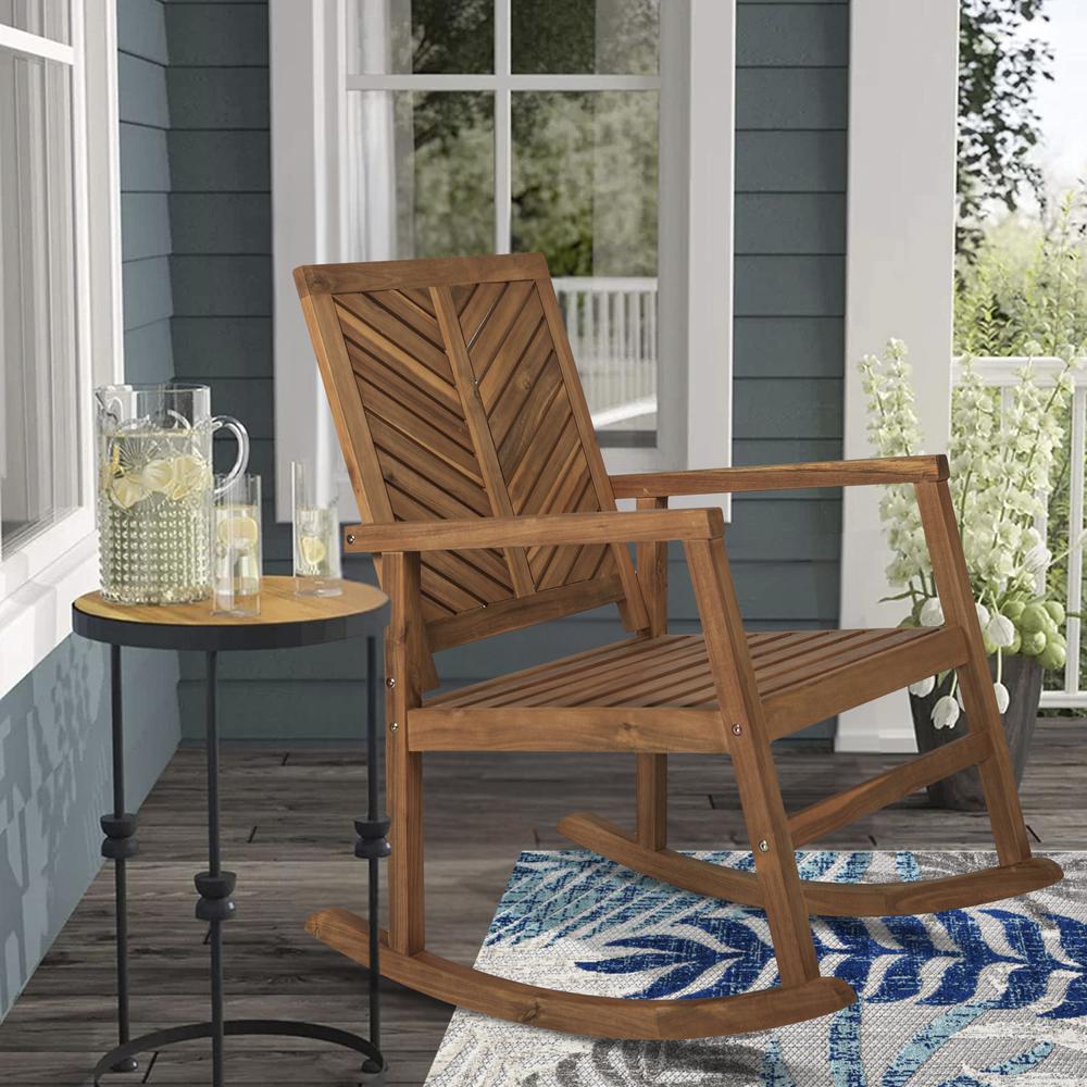 Ned Modern Chevron Back Acacia Wood Patio Outdoor Rocking Chair. Picture 5