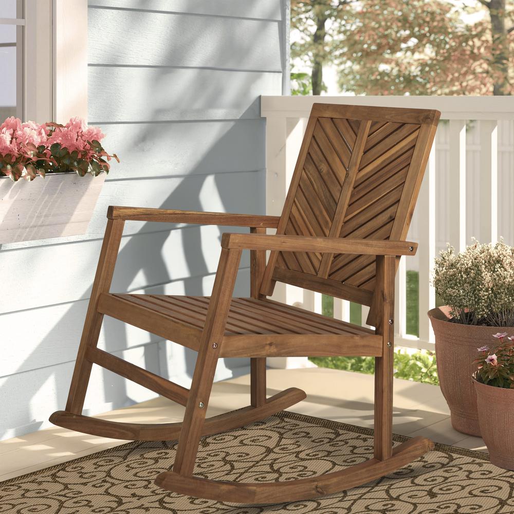 Ned Modern Chevron Back Acacia Wood Patio Outdoor Rocking Chair. Picture 6
