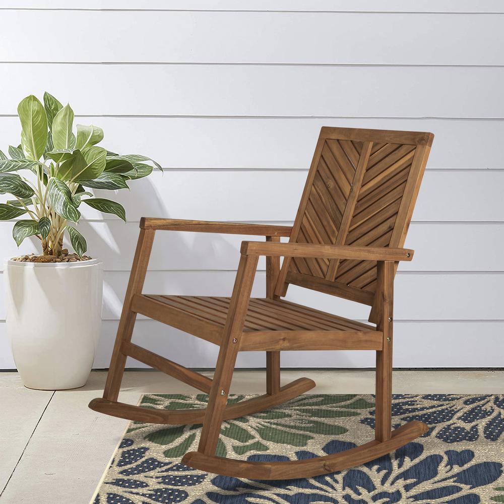 Ned Modern Chevron Back Acacia Wood Patio Outdoor Rocking Chair. Picture 7