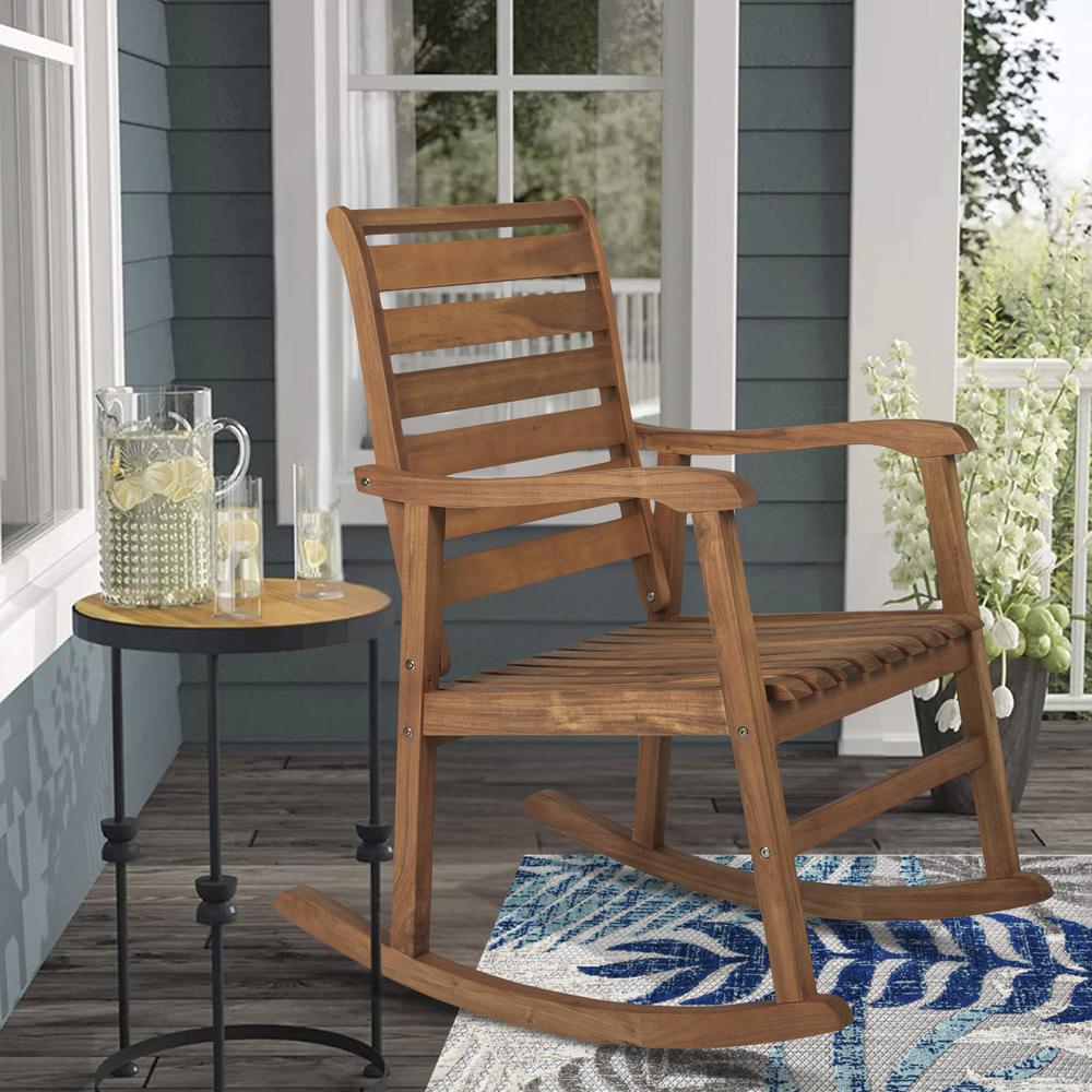 Carey Modern Slat Back Acacia Wood Patio Outdoor Rocking Chair. Picture 5