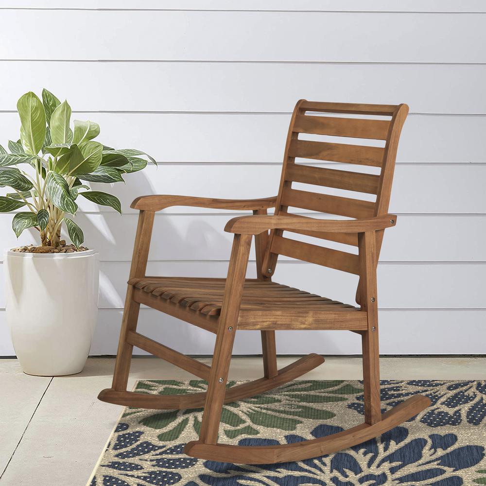 Carey Modern Slat Back Acacia Wood Patio Outdoor Rocking Chair. Picture 7