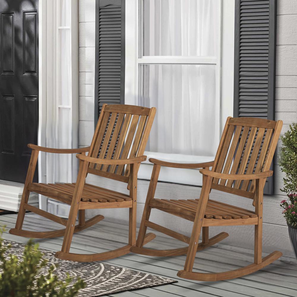 Perry Classic Slat Back Acacia Wood Patio Outdoor Rocking Chair (Set of 2). Picture 5
