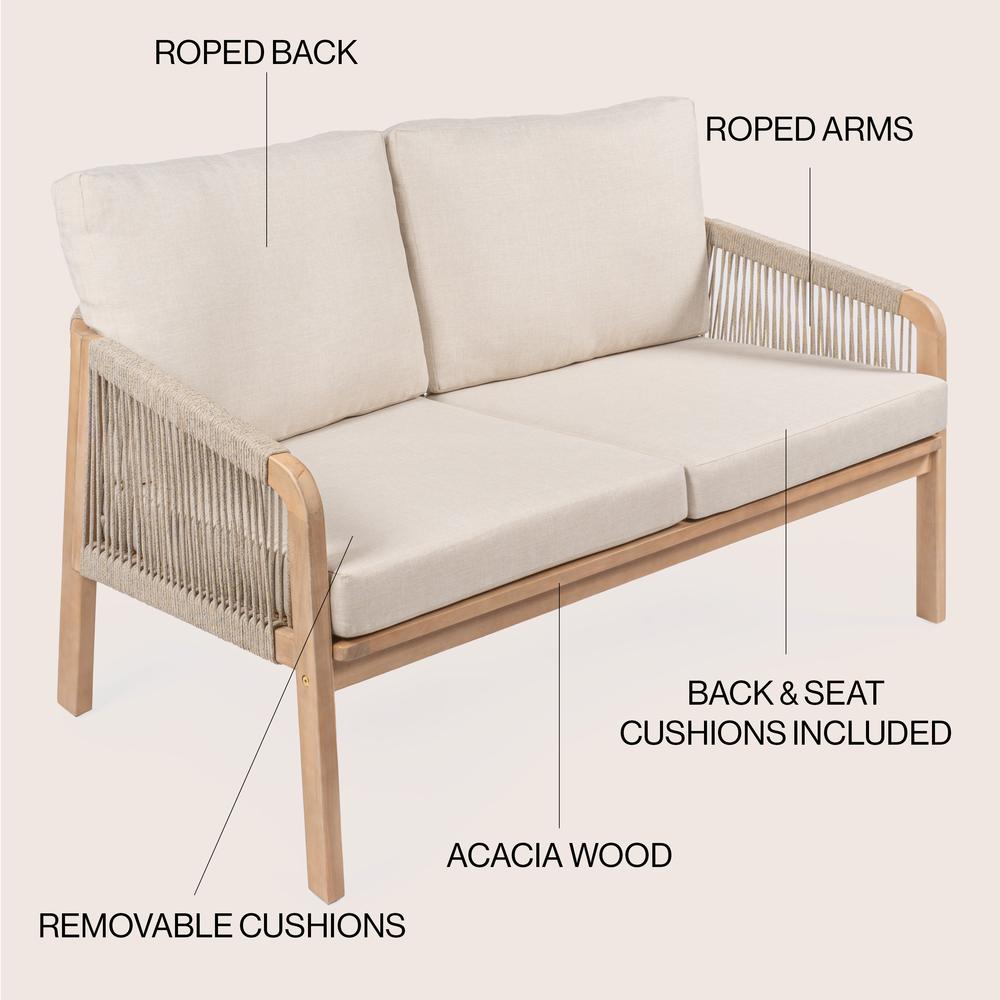 Arwen Modern Bohemian Roped Acacia Wood Outdoor Loveseat With Cushions. Picture 3