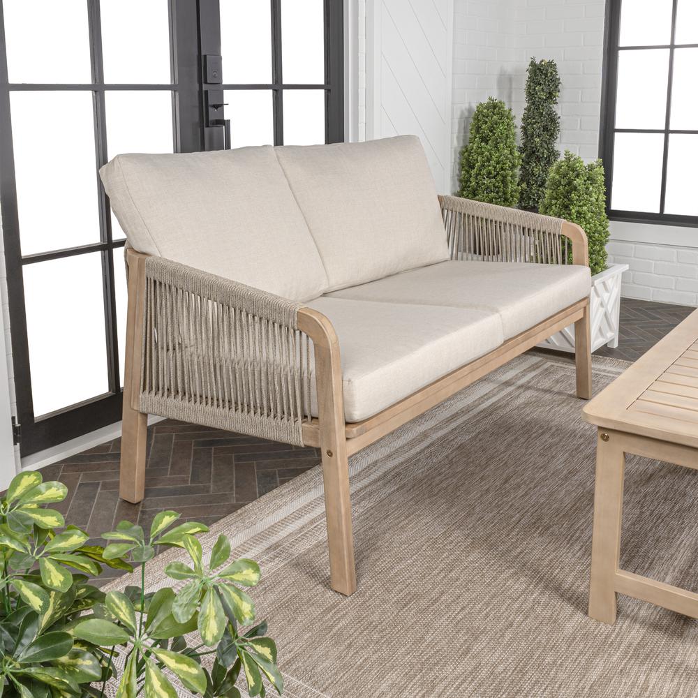 Arwen Modern Bohemian Roped Acacia Wood Outdoor Loveseat With Cushions. Picture 2