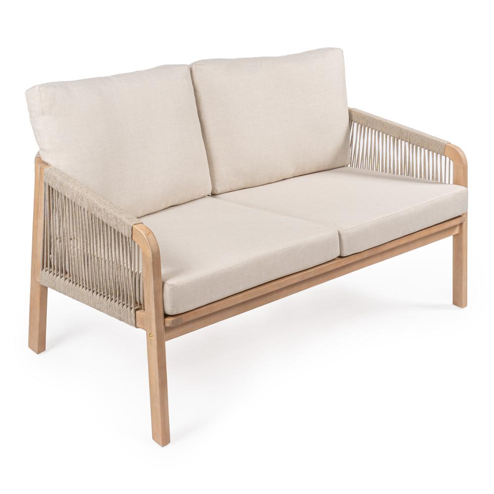 Arwen Modern Bohemian Roped Acacia Wood Outdoor Loveseat With Cushions. Picture 1