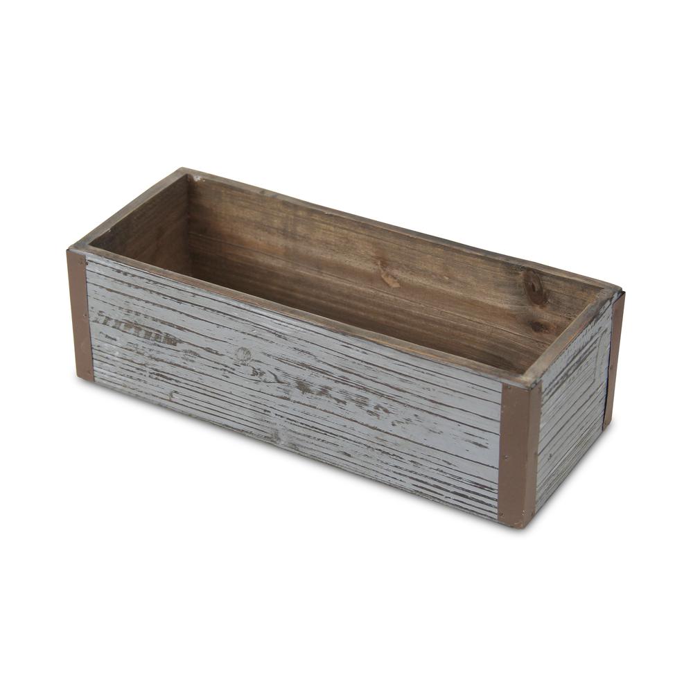 Gray Wash Wooden Rectangular Planter with Metal Corner Accents. Picture 2