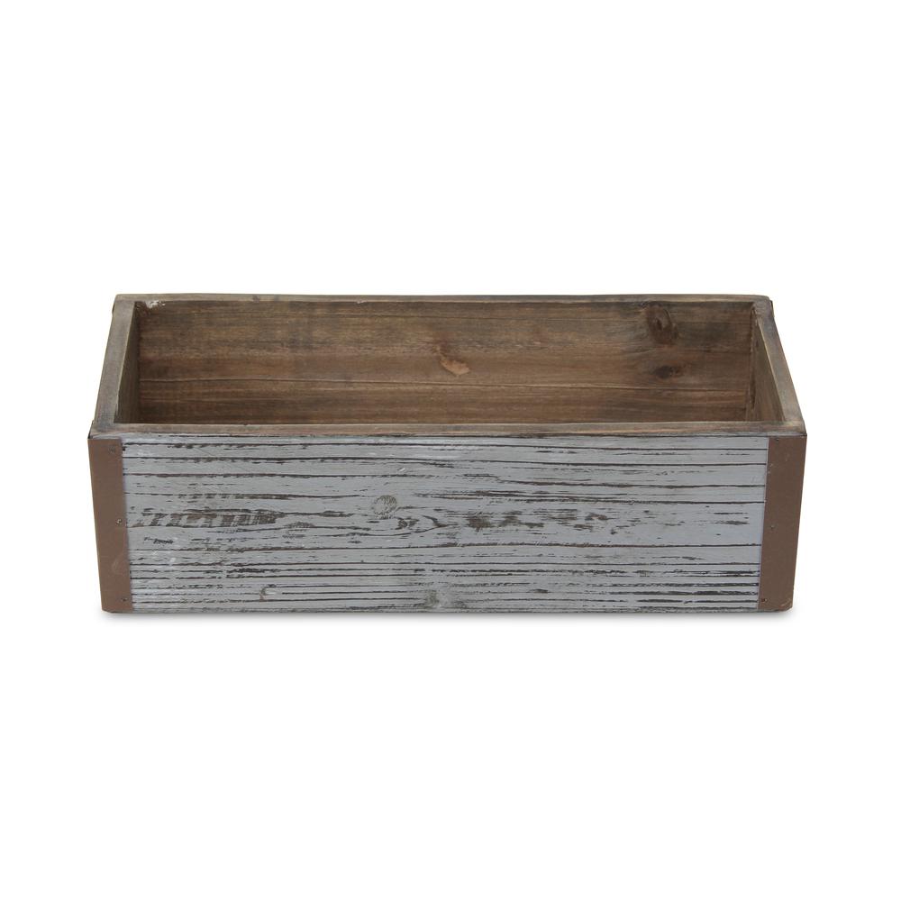 Gray Wash Wooden Rectangular Planter with Metal Corner Accents. Picture 3