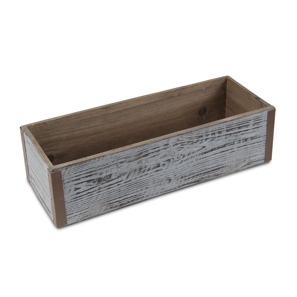 Gray Wash Wooden Rectangular Planter with Metal Corner Accents. Picture 1