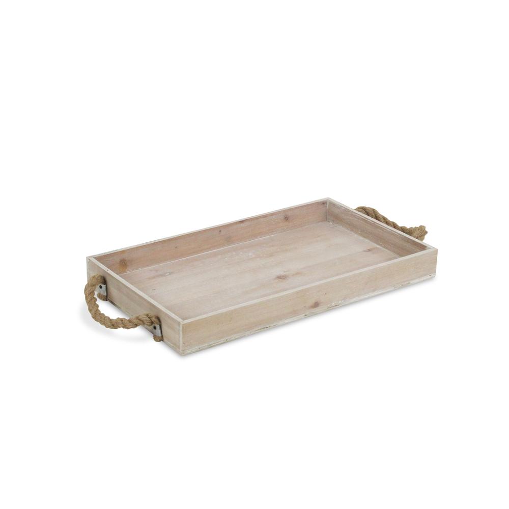 Gray Washed Wooden Rectangular Tray with Rope Side Handles. Picture 1