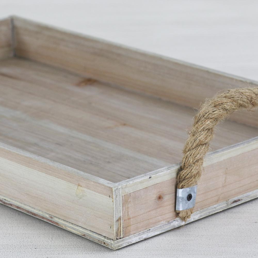 Gray Washed Wooden Rectangular Tray with Rope Side Handles. Picture 6
