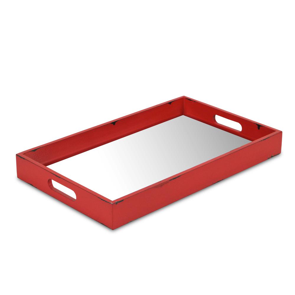 Red distressed Wooden Tray with Bevelled Mirror. Picture 1