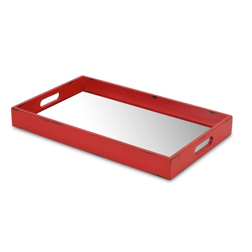 Red distressed Wooden Tray with Bevelled Mirror. Picture 2