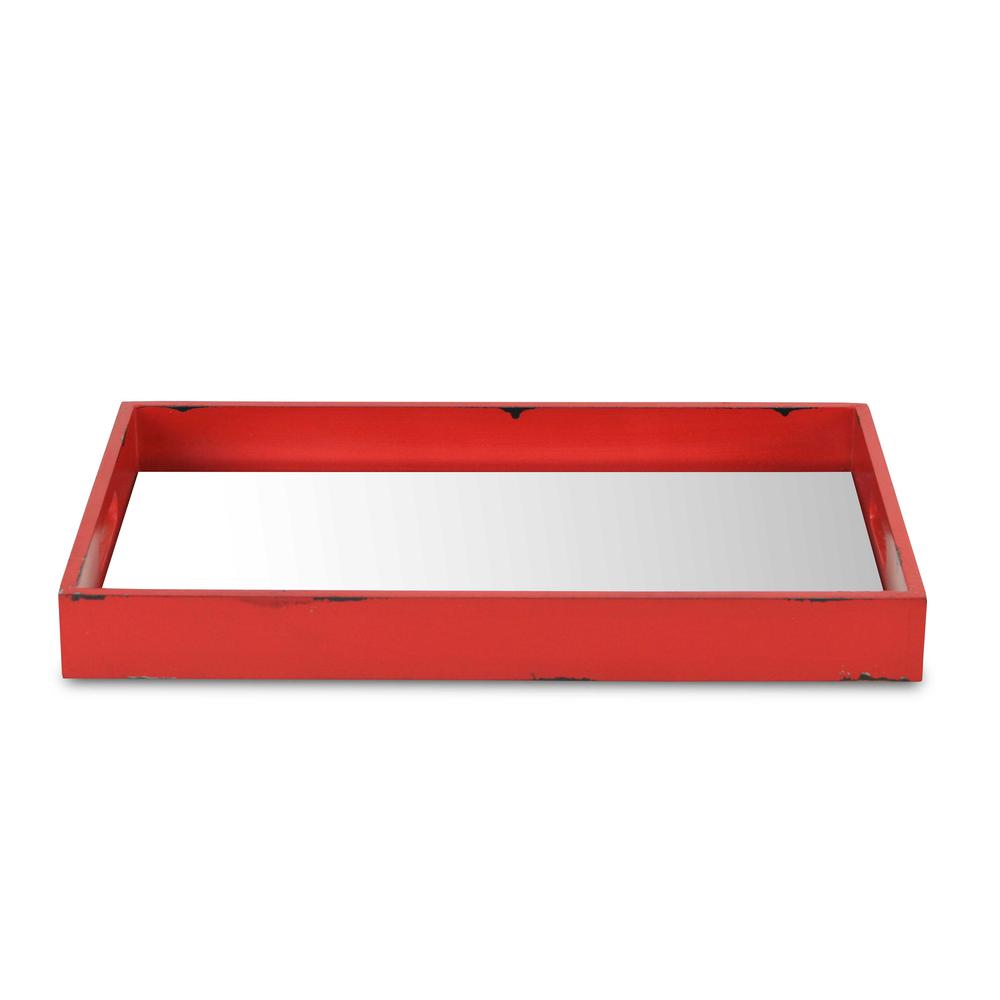 Red distressed Wooden Tray with Bevelled Mirror. Picture 3