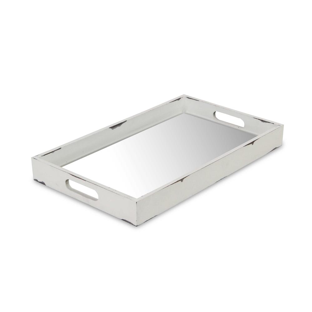 White distressed Wooden Tray with Bevelled Mirror. Picture 1