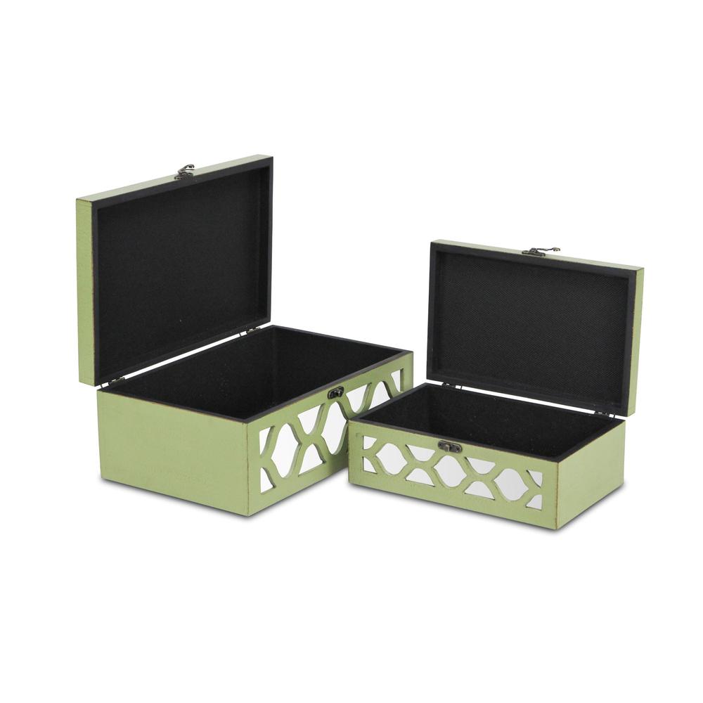 Set of 2 Green Wood Boxes with Overlayed Mirror Panels. Picture 5