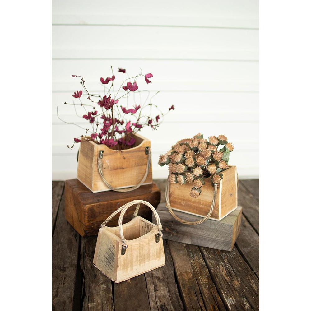 Set Of Three Rustic Recycled Wood Hand Bag Planters. Picture 2