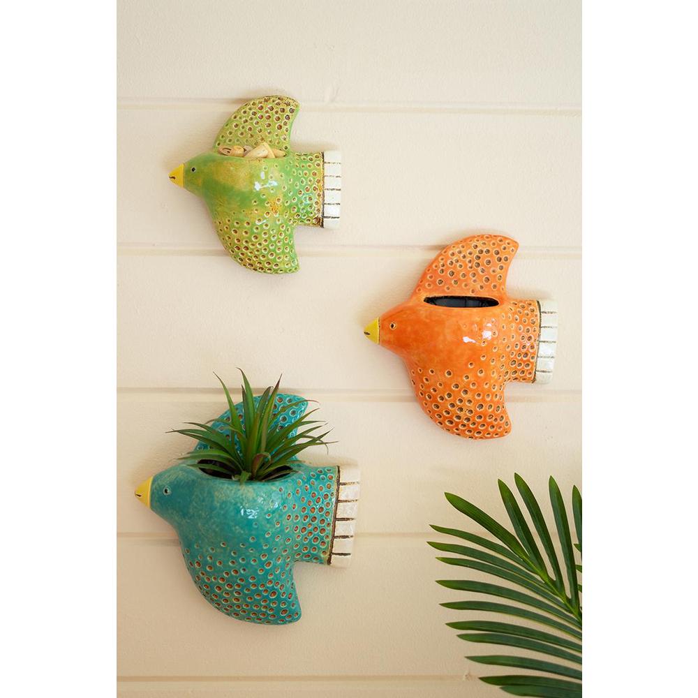Set Of Three Colorful Ceramic Bird Wall Planters. Picture 2