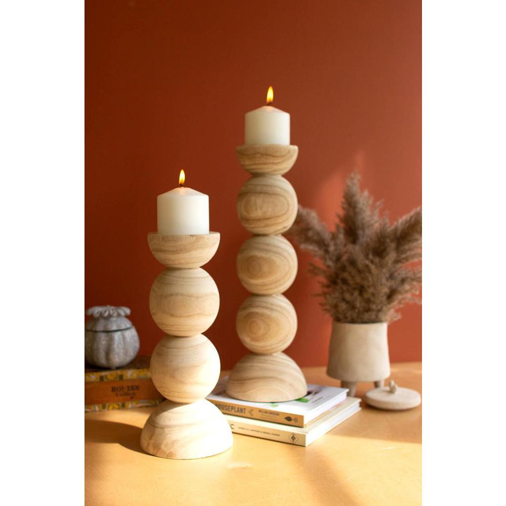 Set Of Two Hand Carved Wooden Stacked Ball Candle Holders. Picture 2
