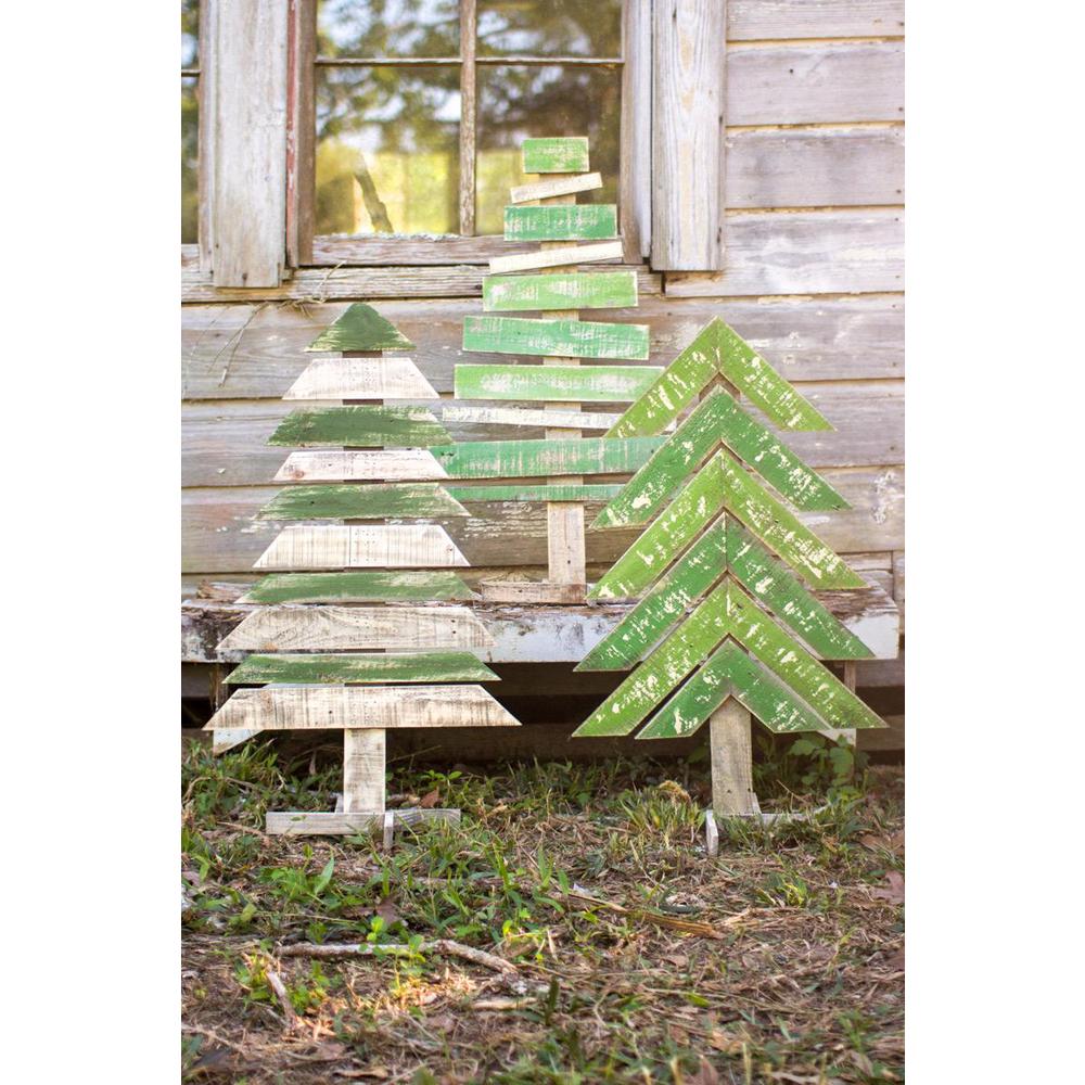 Set Of Three Recycled Wood Trees With Stands. Picture 2