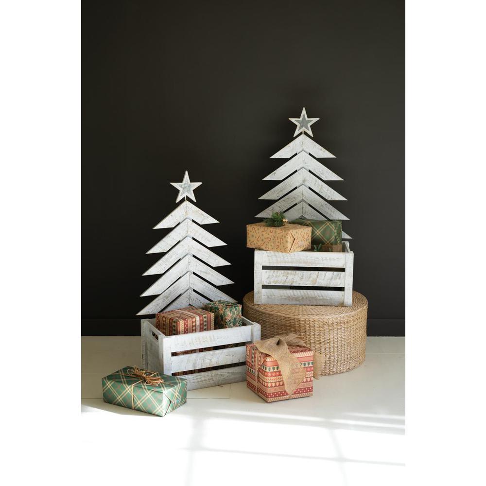 Recycled Distressed White Wooden Christmas Trees With Crate. Picture 2