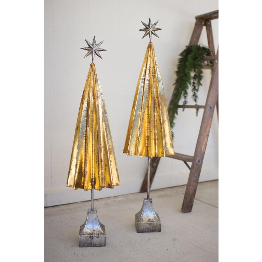 Set Of Two Folded Gold Metal Trees With Silver Star. Picture 2