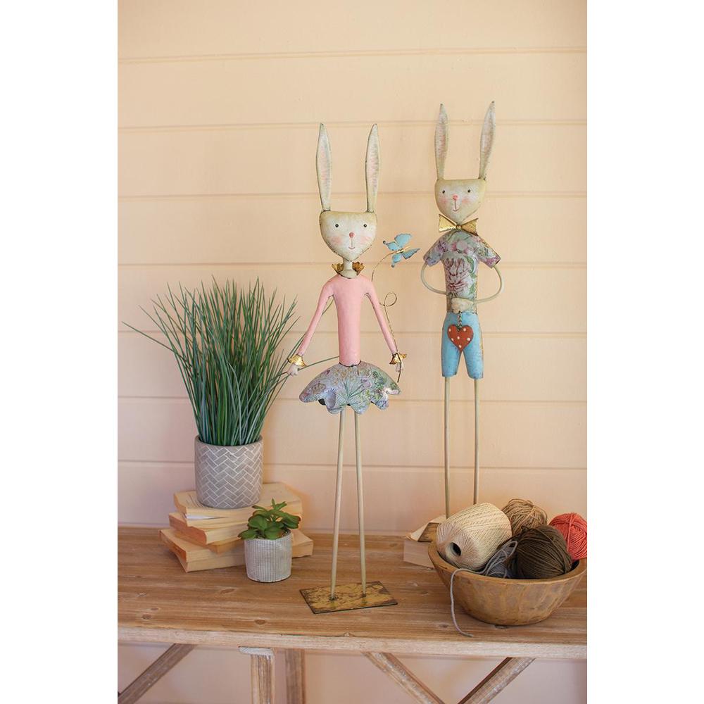 Set Of Two Painted Metal Long-Legged Boy And Girl Rabbits. Picture 2
