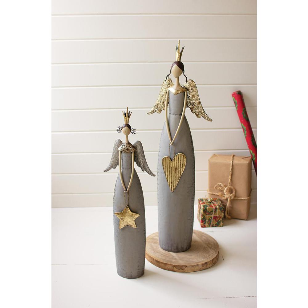 Set Of Two Gold & Grey Christmas Angels Holding Heart & Star. Picture 2
