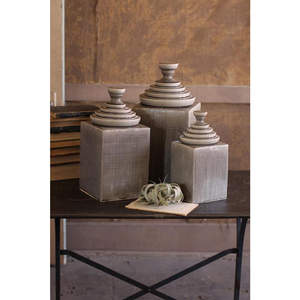 Set Of Three Grey Textured Ceramic Canisters W Pyramid Tops. Picture 2