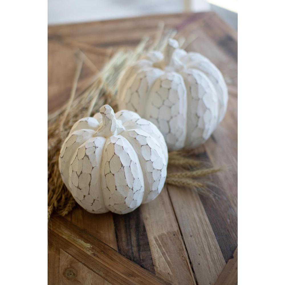 Set Of Two Faux White-Wash Resin Pumpkins. Picture 2