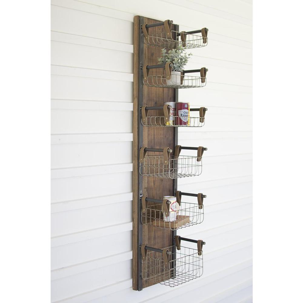Recycled Wood & Metal Wall Rack W Six Wire Storage Baskets. Picture 2