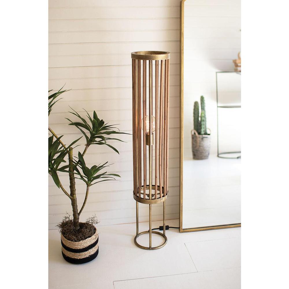 Round Brass & Wood Cylinder Floor Lamp. Picture 2