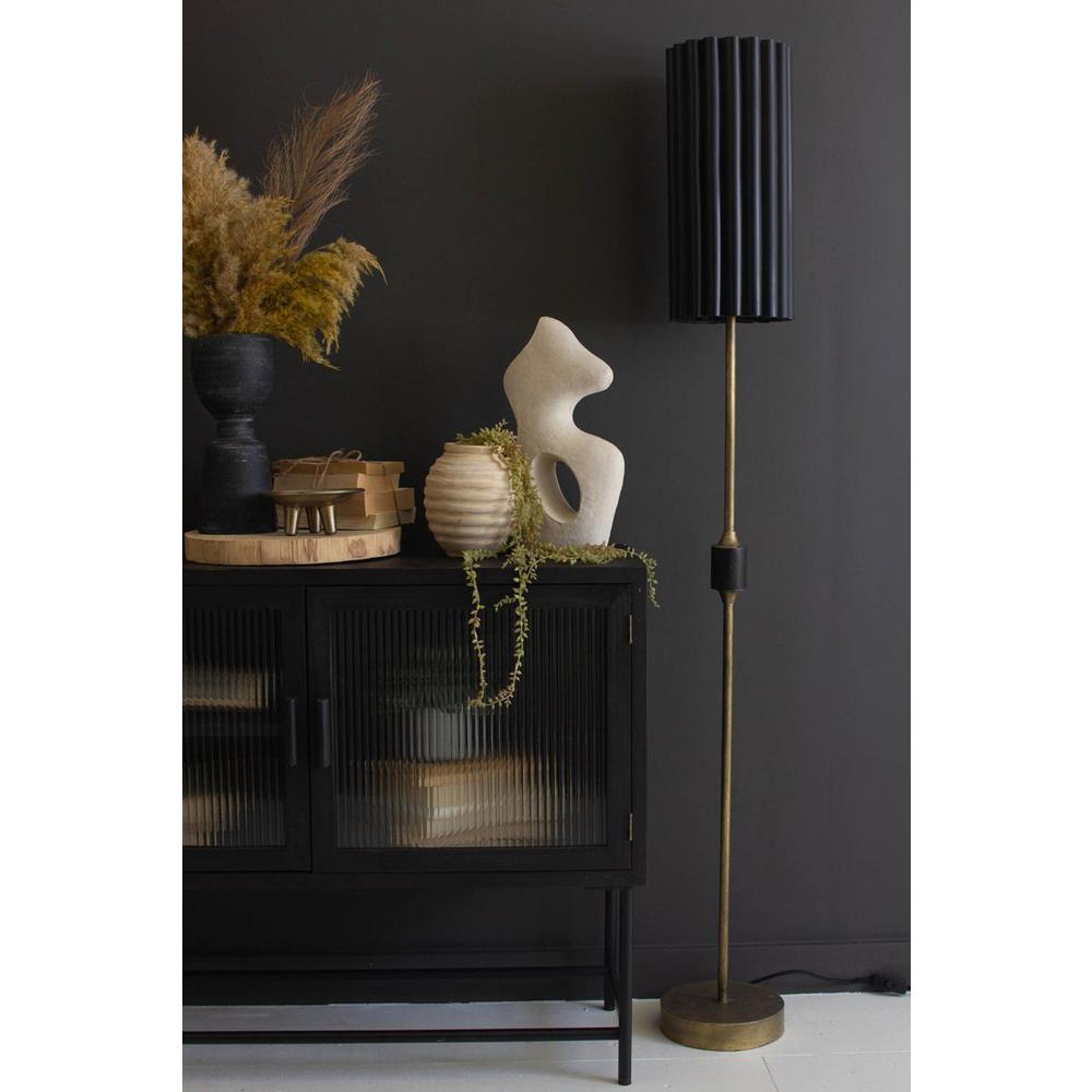 Antique Gold Floor Lamp With Fluted Black Metal Shade. Picture 2