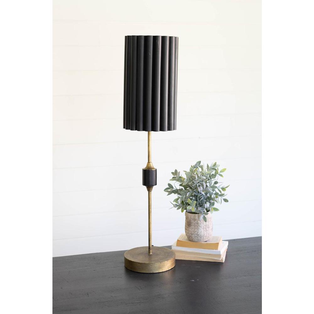 Antique Gold Table Lamp With Fluted Black Metal Shade. Picture 2