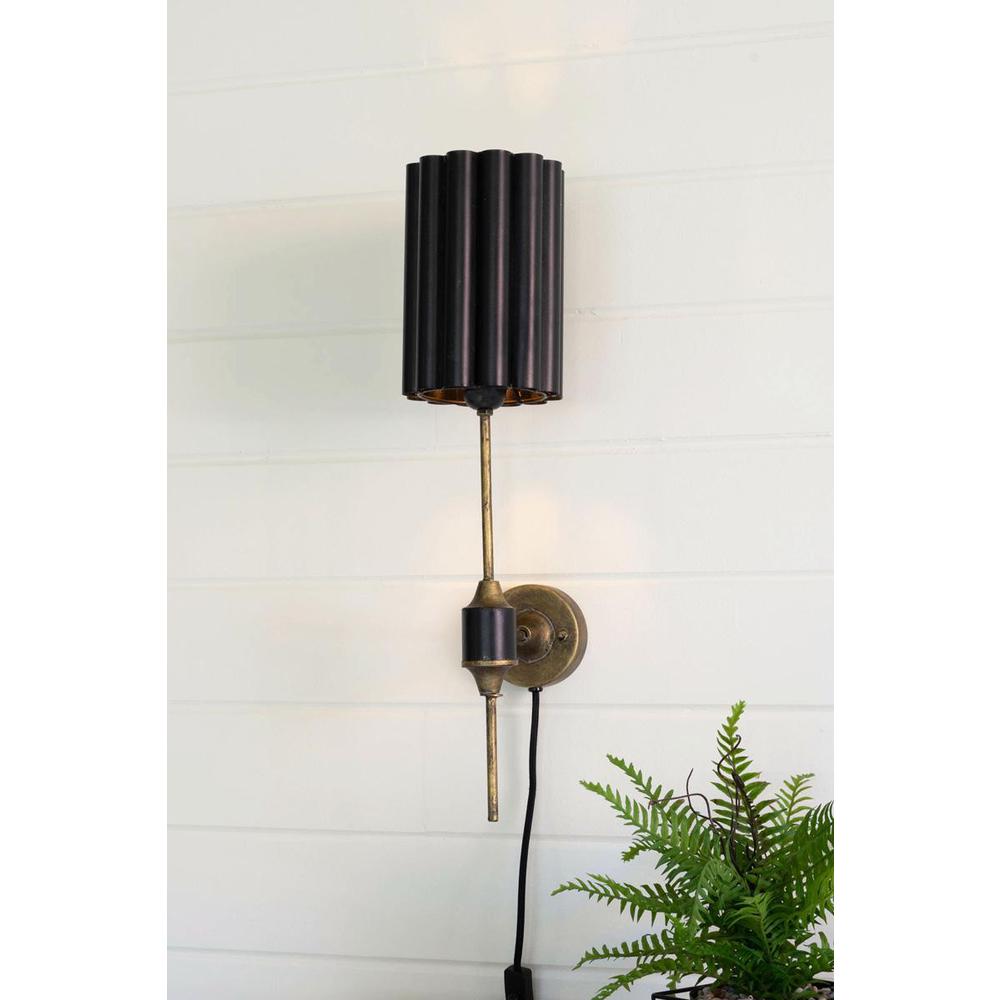 Antique Gold Wall Lamp With Fluted Black Metal Shade. Picture 2