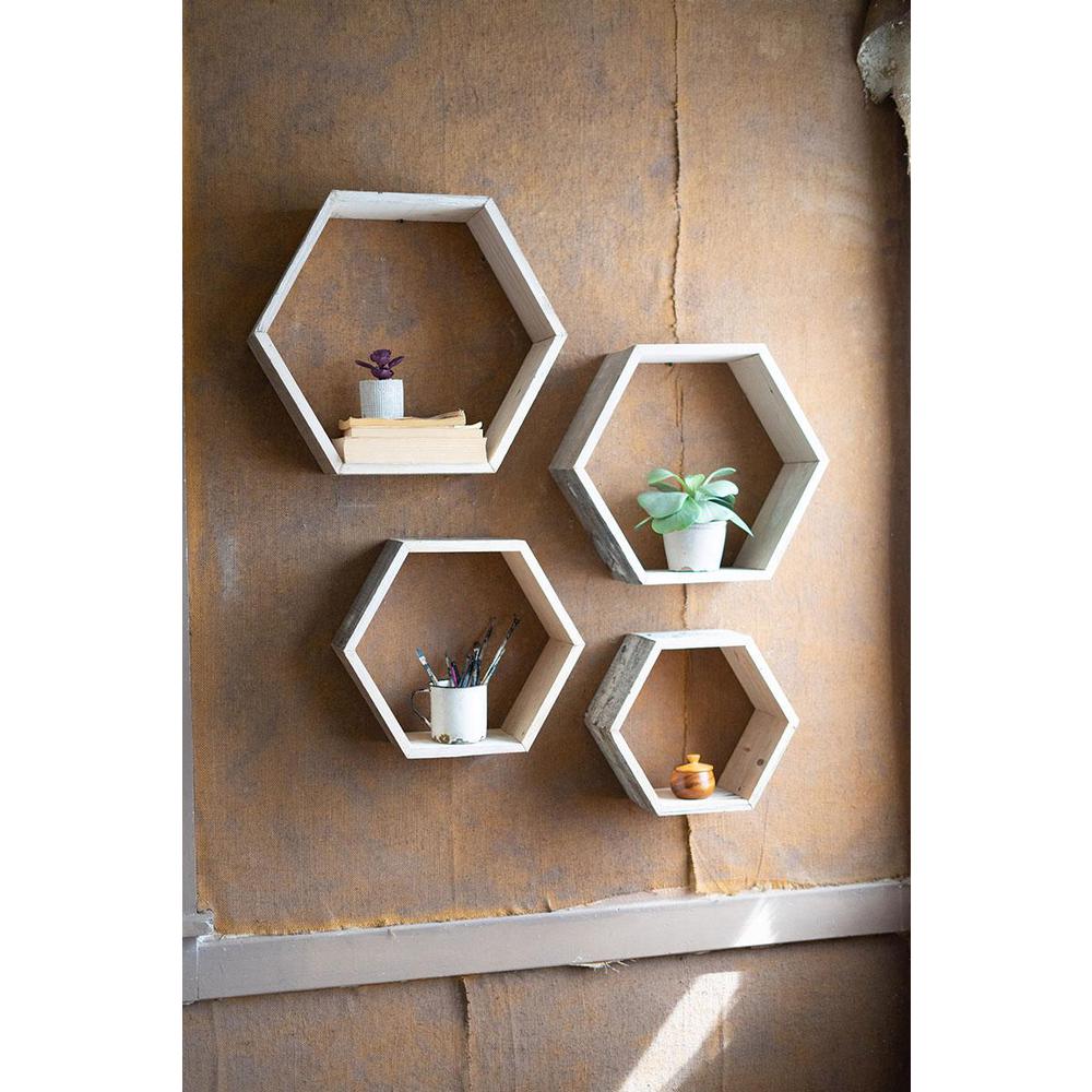 Set Of Four Recycled Wood Hexagon Wall Shelves - Whitewash. Picture 2