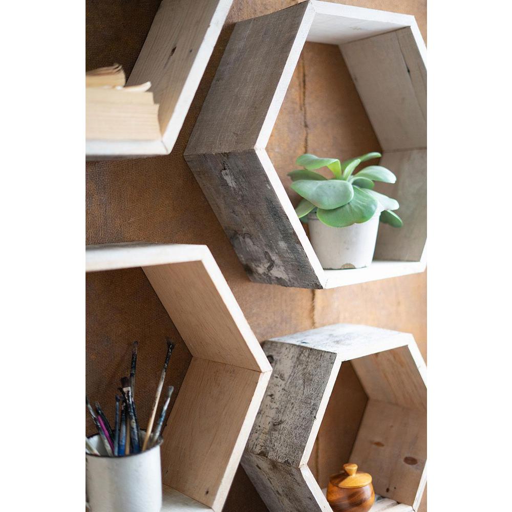 Set Of Four Recycled Wood Hexagon Wall Shelves - Whitewash. Picture 3