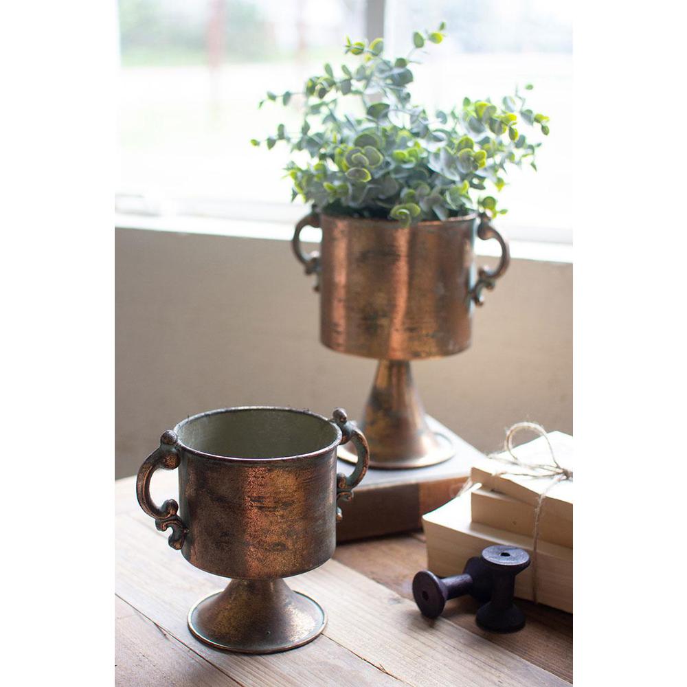 Set Of Two Antique Copper Finish Planters With Handles. Picture 2