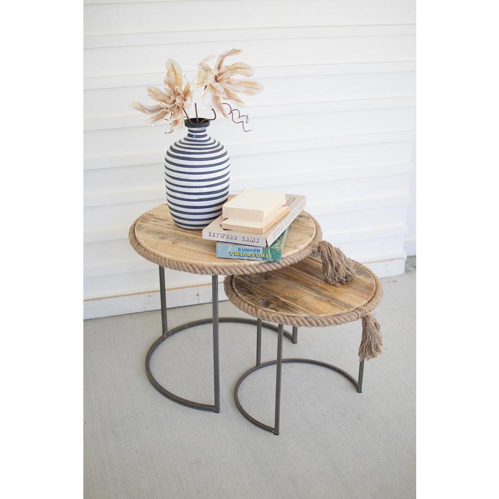 Set Of Two Round Nesting Tables- Recycle Wood W Rope Accent. Picture 2