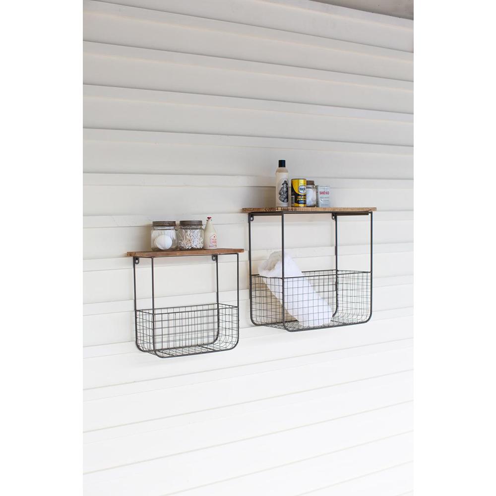 Set Of Two Wire Basket Shelves With Recycled Wood Tops. Picture 2